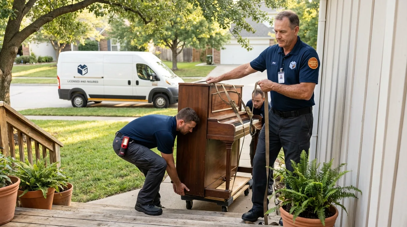 Licensed piano movers securing grand piano in Westwood, NJ