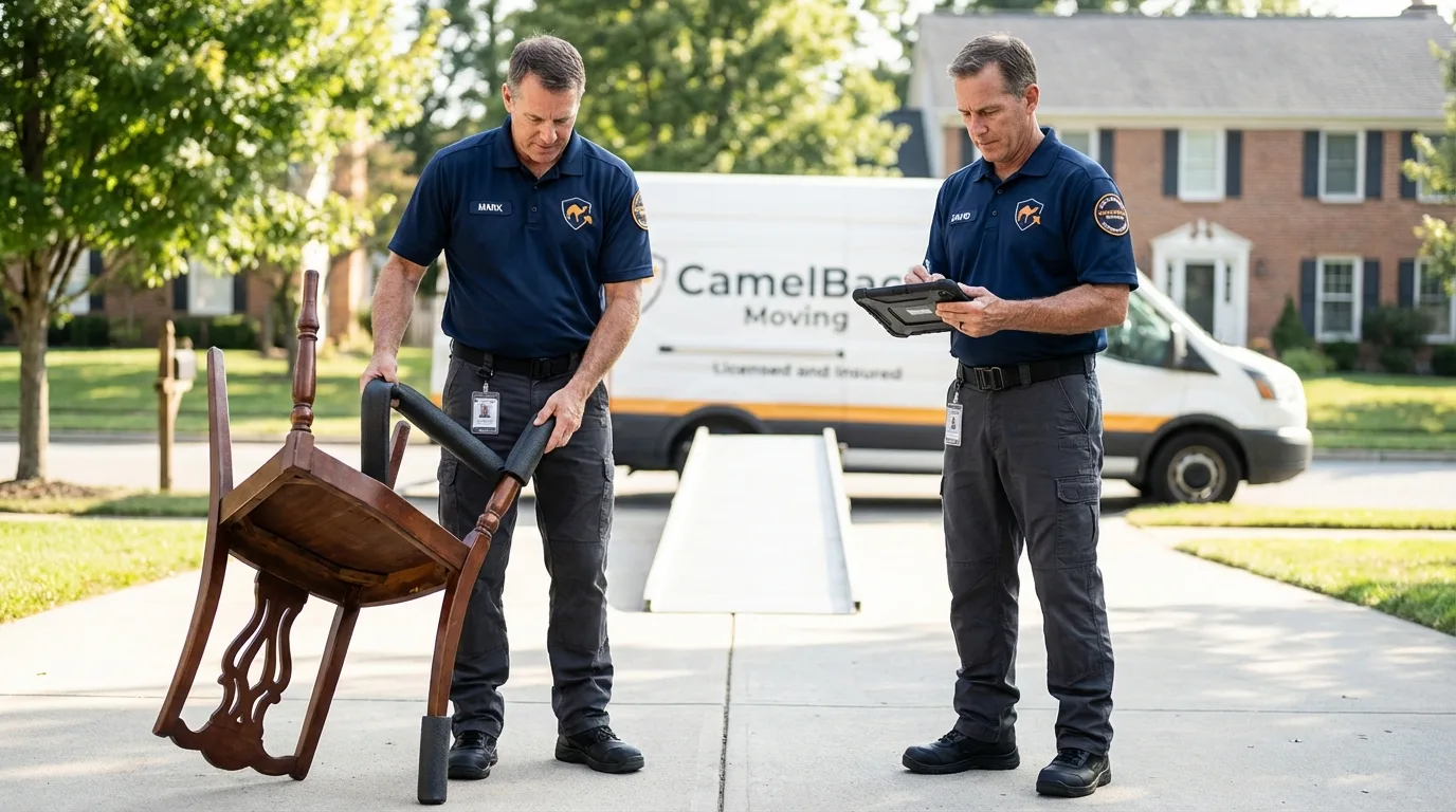 Movers inspecting furniture for damage prevention before loading in Westwood, NJ