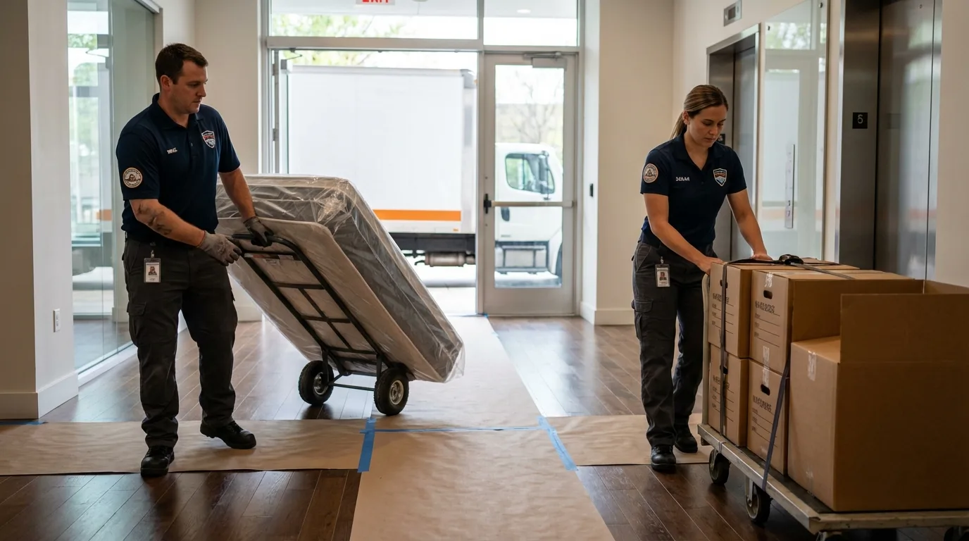 Professional apartment movers loading elevator in Westwood, NJ